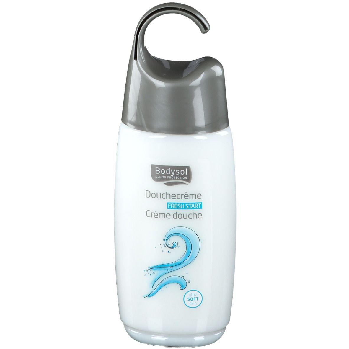 Flacon de gel douche Bodysol blanc, bouchon gris avec crochet. Graphique vague bleue et texte 'fresh start'.