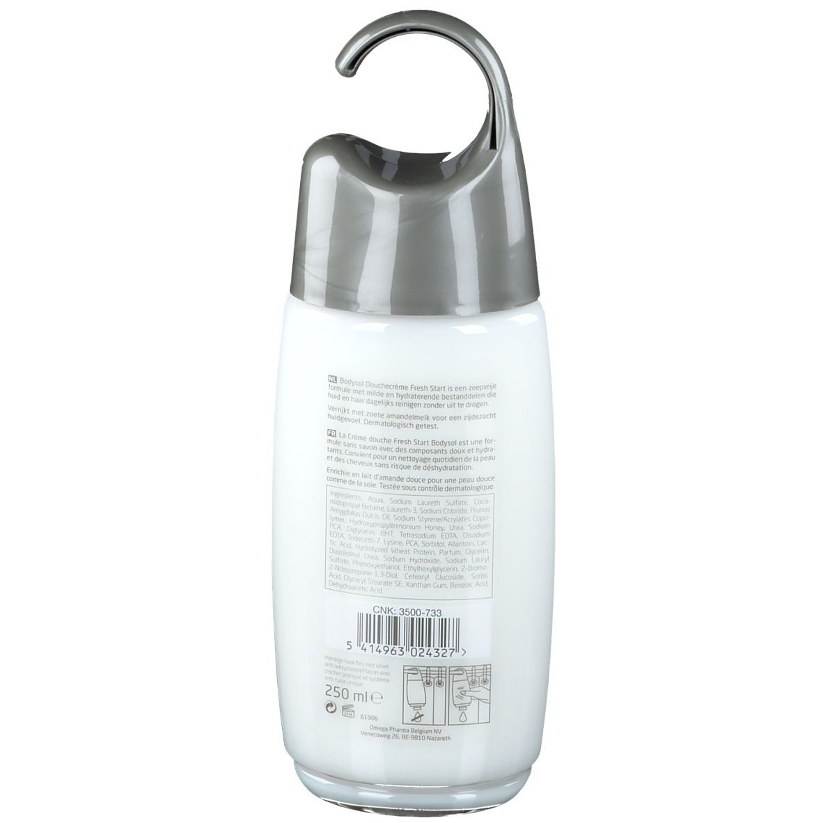 Dos du flacon de gel douche Bodysol. Texte multilingue, ingrédients et code-barres.