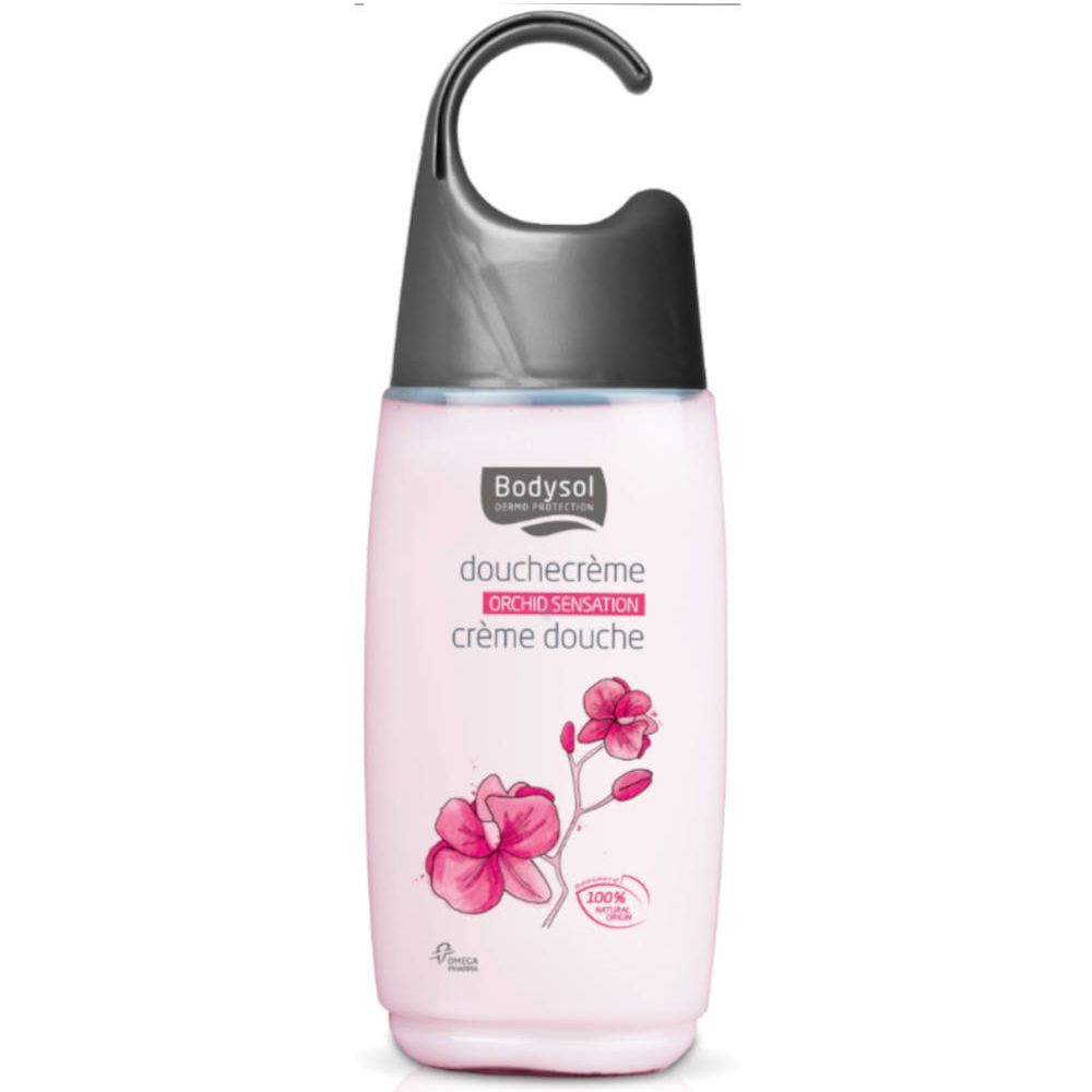 Flacon de crème de douche rose avec crochet noir. Inscription : Bodysol, Duschcreme Orchidee. Illustration d'une orchidée.
