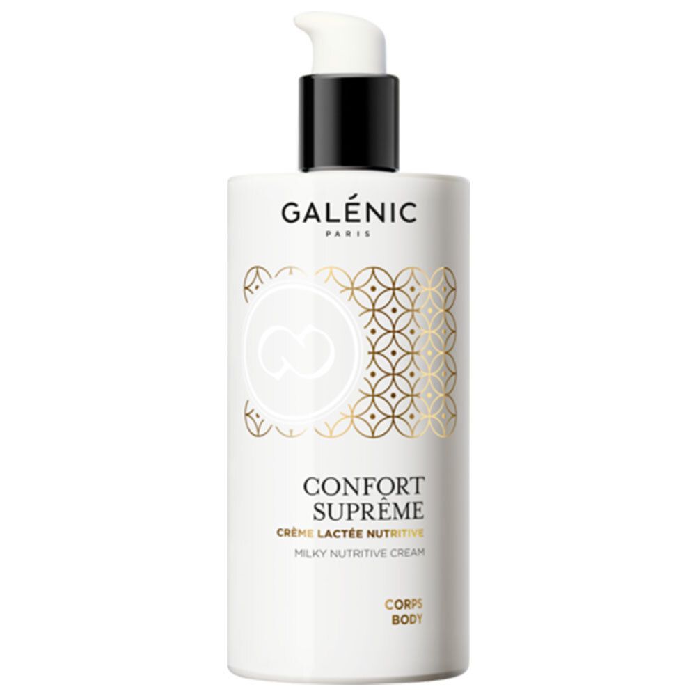 Flacon blanc avec pompe. Inscription : Galénic Paris, Confort Suprême, Crème Lactée Nutritive, Milky Nutritive Cream. Pour le corps.