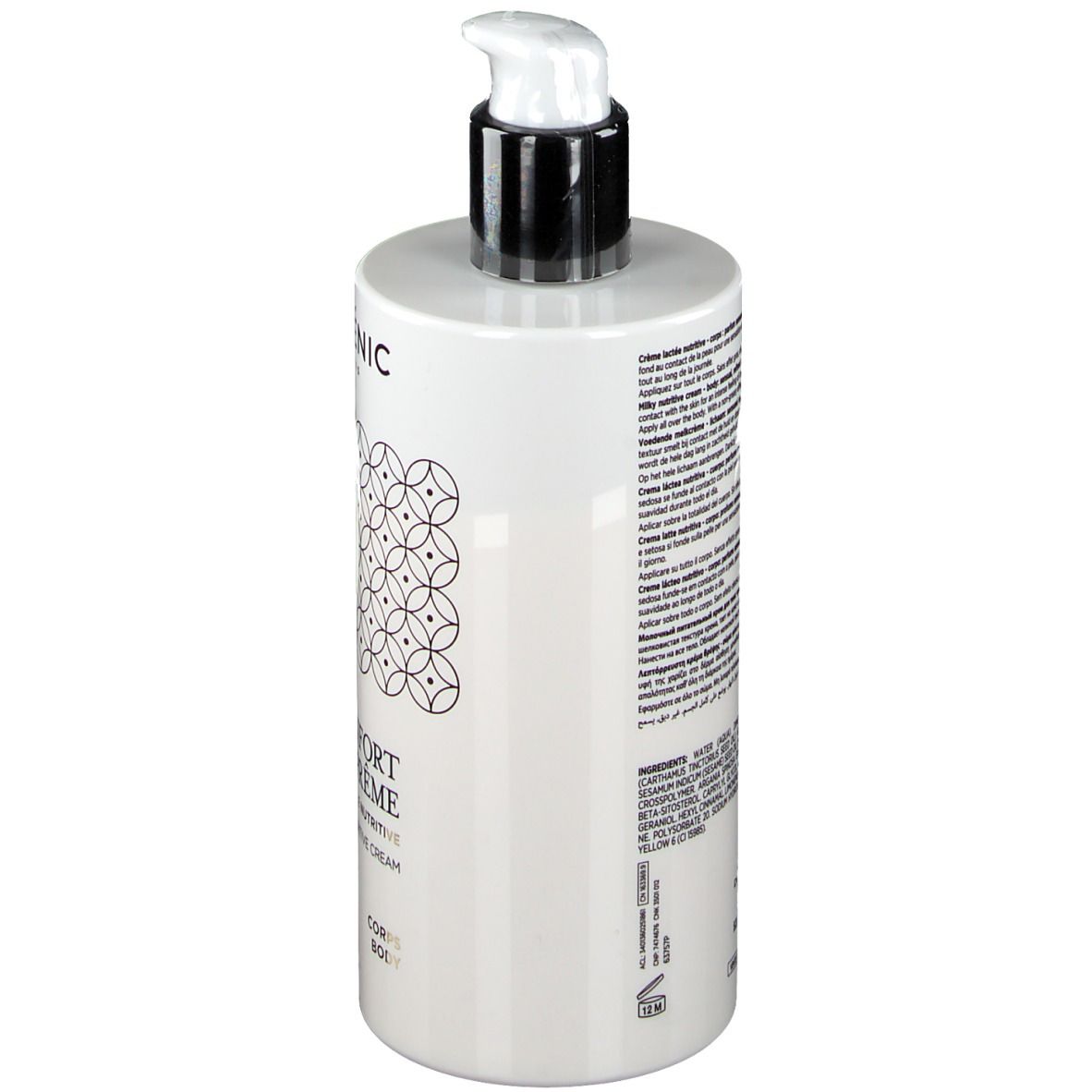 Flacon blanc avec pompe. Inscription : Galénic Paris, Confort Suprême, Crème Lactée Nutritive, Milky Nutritive Cream. Dos avec texte.