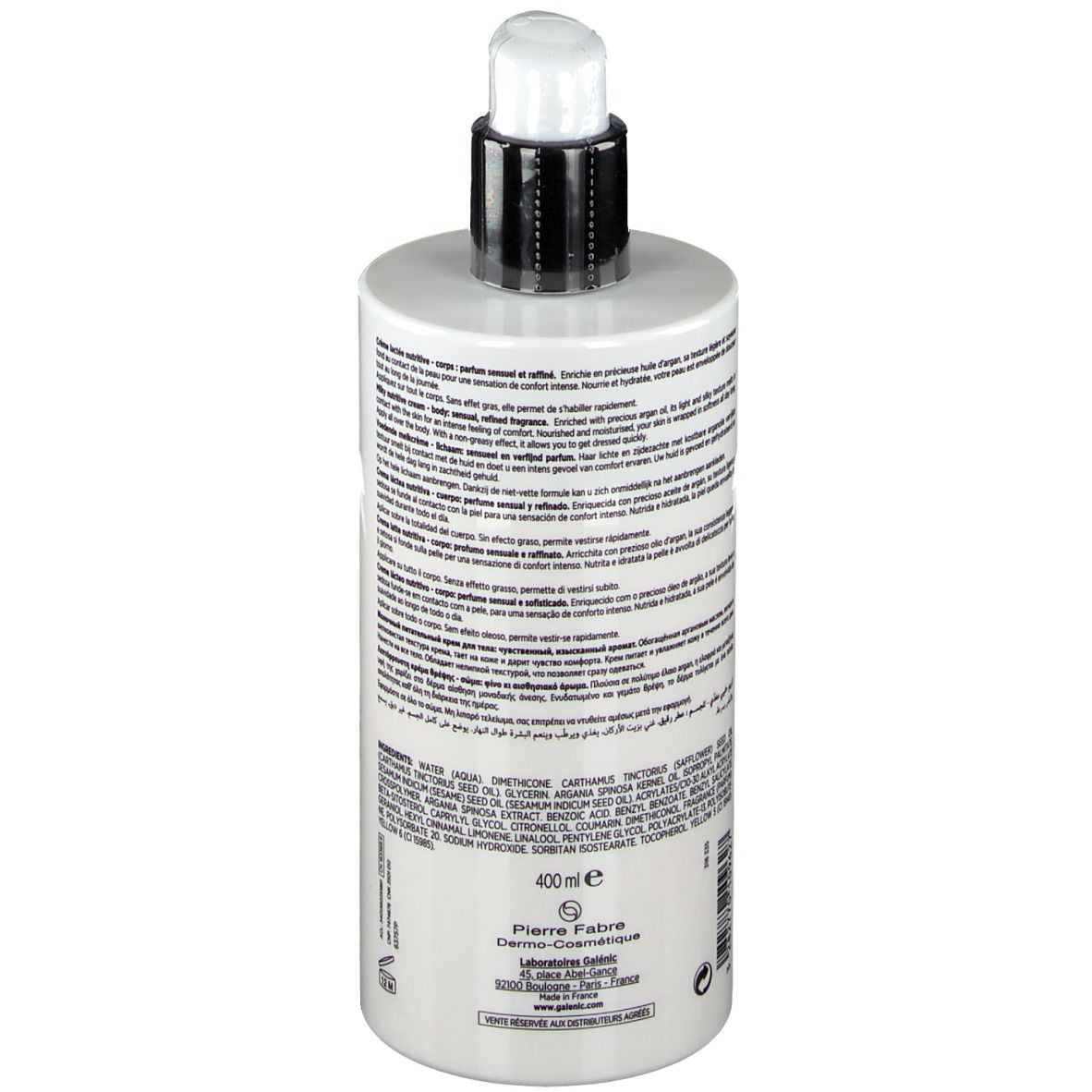 Flacon blanc avec pompe. Inscription : Galénic Paris, Confort Suprême, Crème Lactée Nutritive, Milky Nutritive Cream. Dos avec texte.