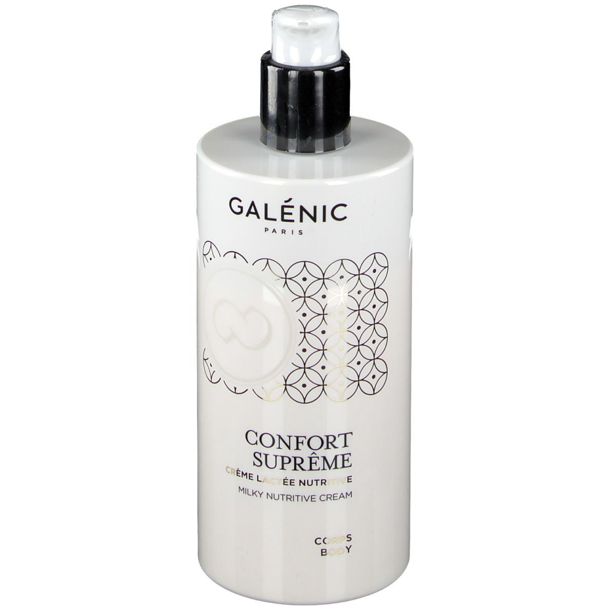 Flacon blanc avec pompe. Inscription : Galénic Paris, Confort Suprême, Crème Lactée Nutritive, Milky Nutritive Cream. Pour le corps.