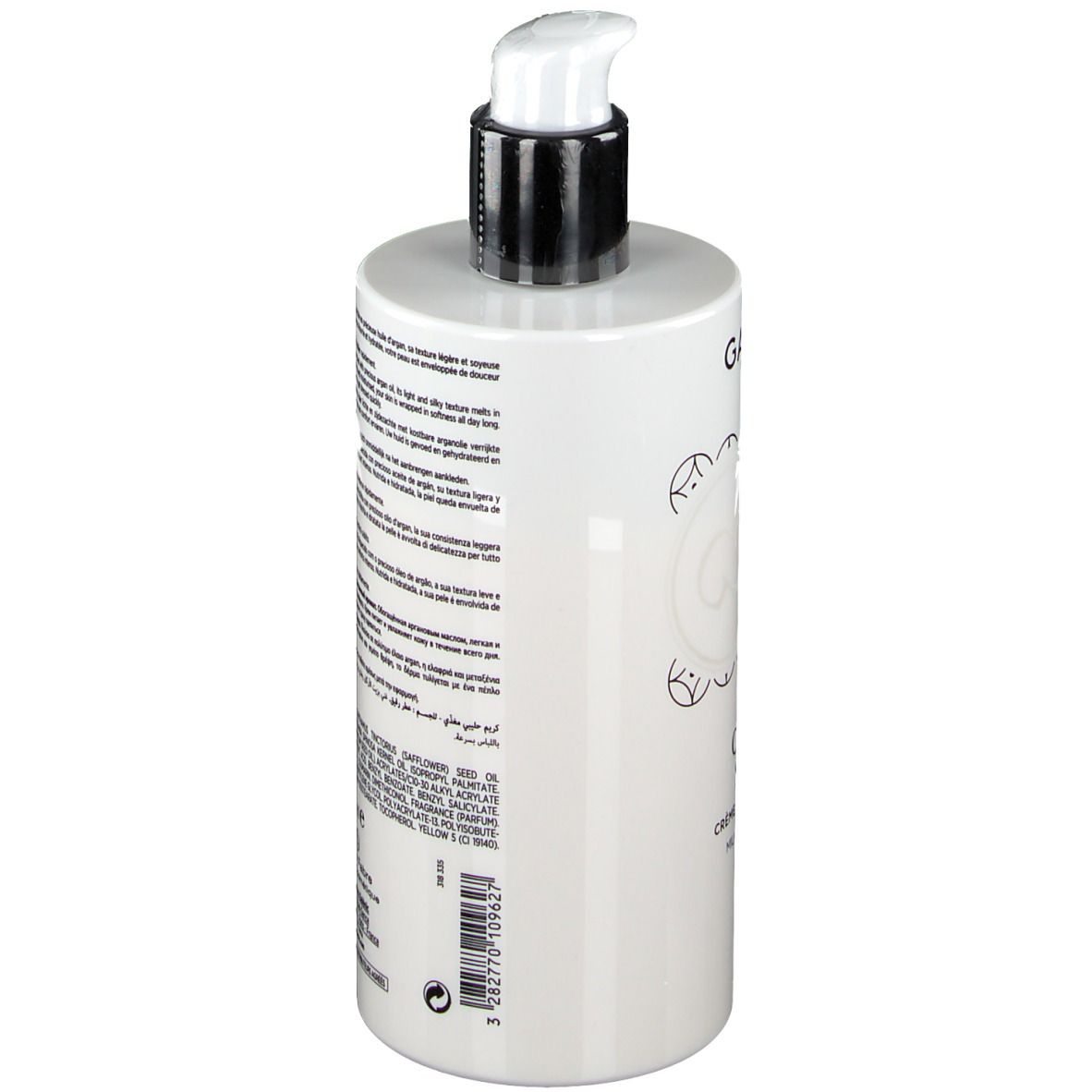Flacon blanc avec pompe. Inscription : Galénic Paris, Confort Suprême, Crème Lactée Nutritive, Milky Nutritive Cream. Dos avec texte.