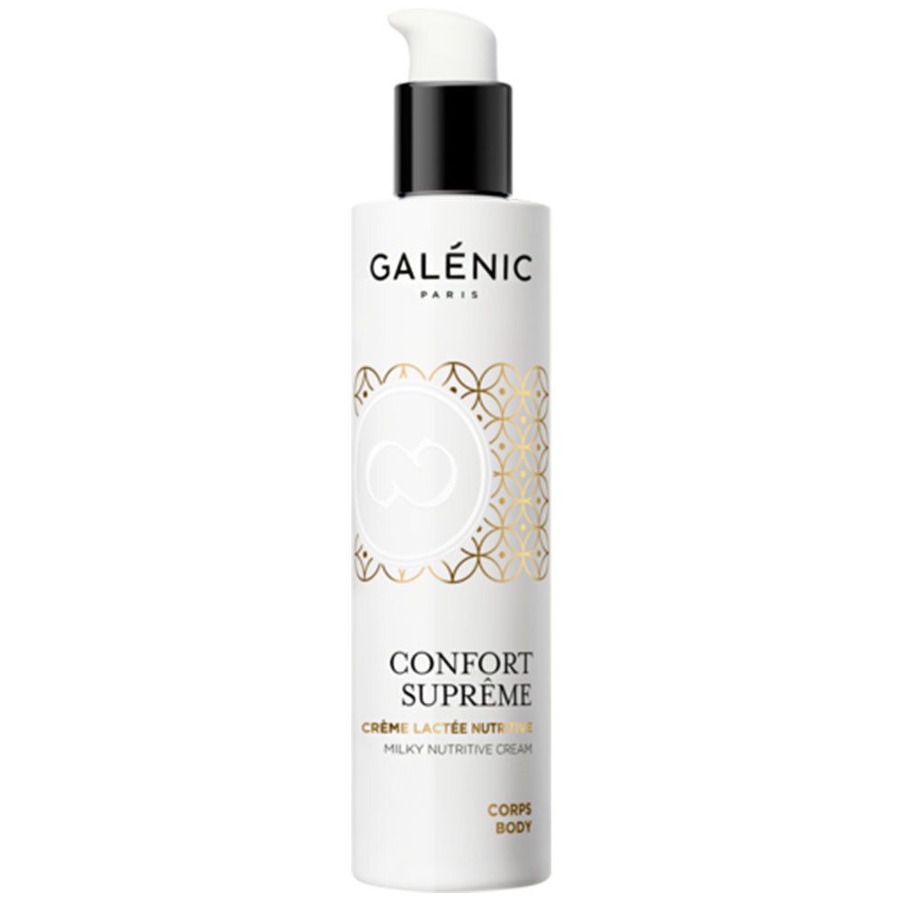 Witte fles met pomp. Opschrift GALÉNIC PARIS, CONFORT SUPREME, Crème Lactée Nutritive, Corps. Gouden patroon.