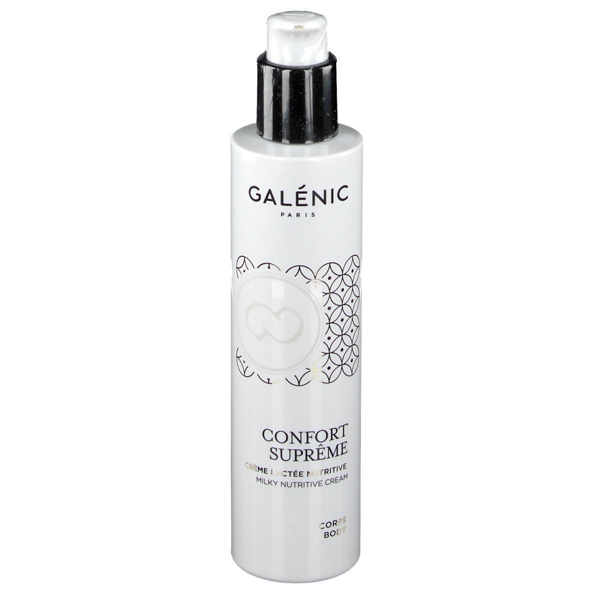Witte fles met pomp. Opschrift GALÉNIC PARIS, CONFORT SUPREME, Crème Lactée Nutritive, Corps. Zwart patroon.