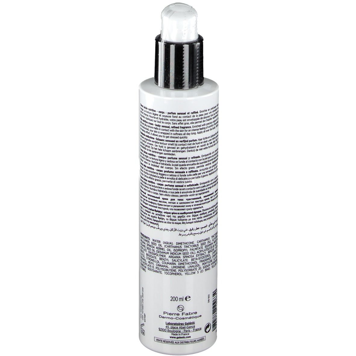Witte fles met pomp. Opschrift GALÉNIC PARIS, CONFORT SUPREME, Crème Lactée Nutritive, Corps. Zwart patroon.