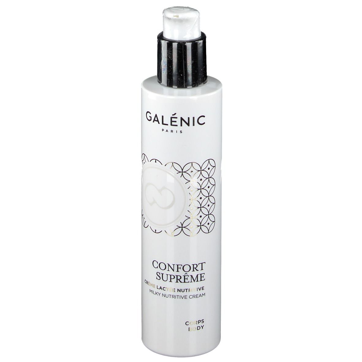 Witte fles met pomp. Opschrift GALÉNIC PARIS, CONFORT SUPREME, Crème Lactée Nutritive, Corps. Zwart patroon.