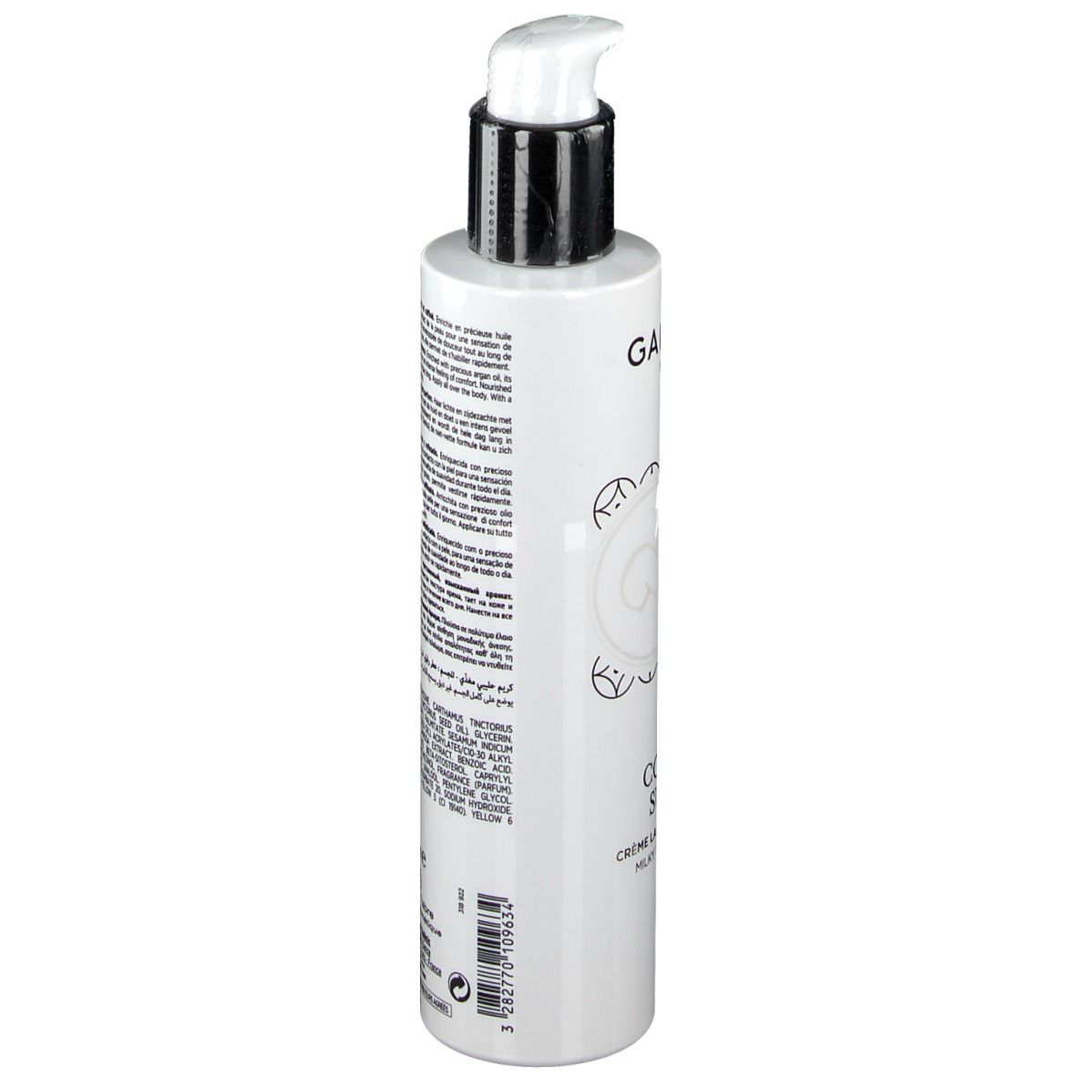 Witte fles met pomp. Opschrift GALÉNIC PARIS, CONFORT SUPREME, Crème Lactée Nutritive, Corps. Tekst en ingrediënten.