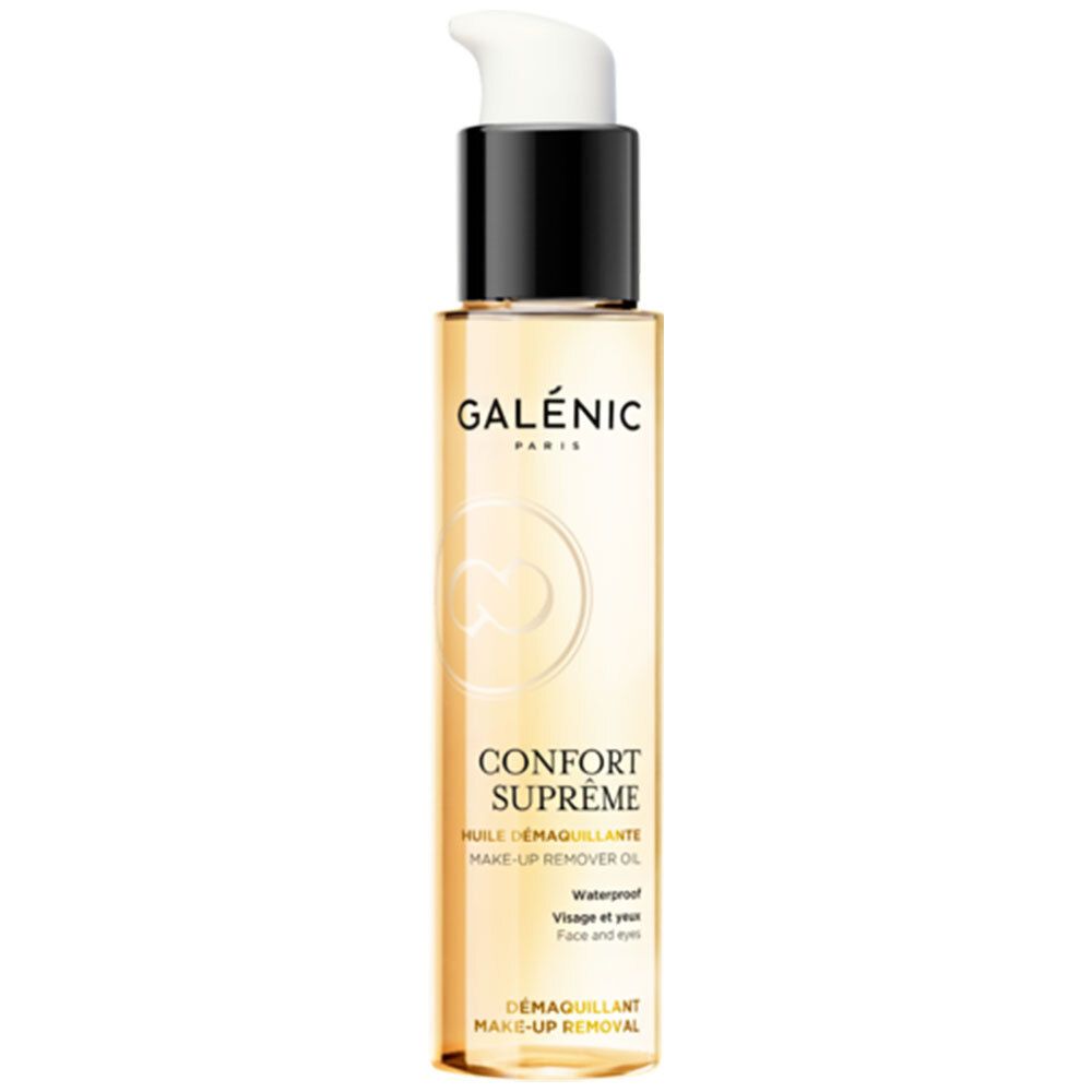 GALÉNIC Confort Supréme Make-up-Remover Oil. Fles met pomp. Tekst: Confort Supréme, Make-up-Remover Oil, Waterproof. Voor gezicht en ogen.