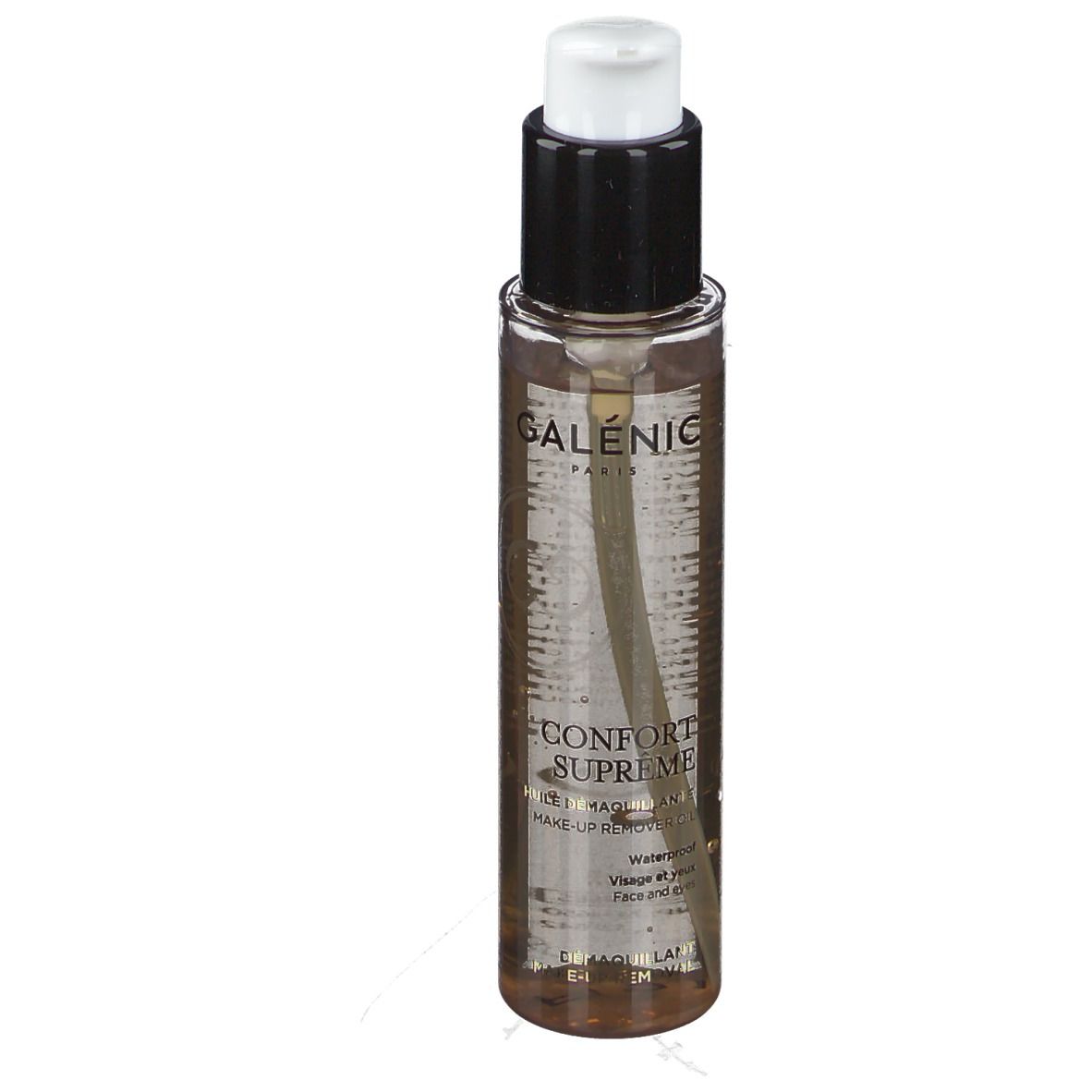 GALÉNIC Confort Supréme Make-up-Remover Oil. Transparante fles met pomp. Tekst: Confort Supréme, Make-up-Remover Oil, Waterproof. Voor gezicht en ogen.