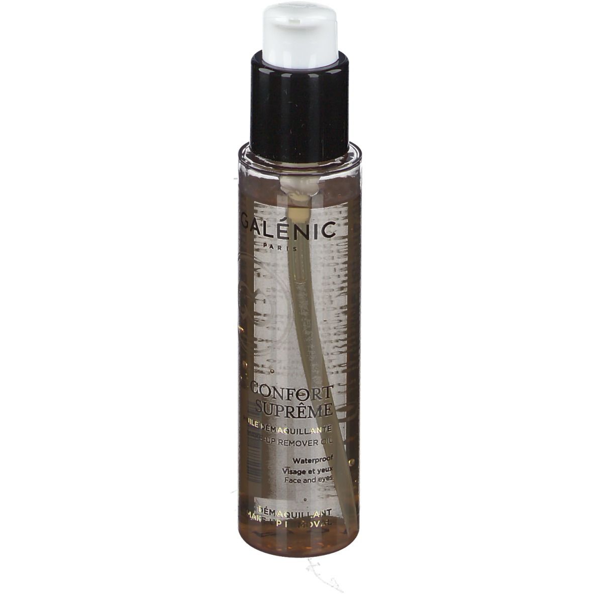 GALÉNIC Confort Supréme Make-up-Remover Oil. Transparante fles met pomp. Tekst: Confort Supréme, Make-up-Remover Oil, Waterproof. Voor gezicht en ogen.