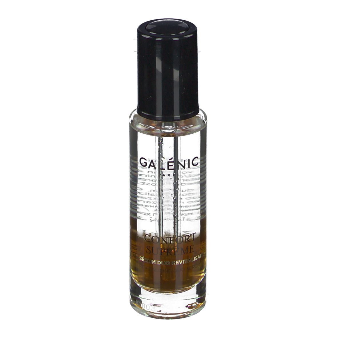 Flacon de sérum Galénic, bouchon noir. Verre transparent, liquide visible. Texte: Galénic, Confort Suprême.