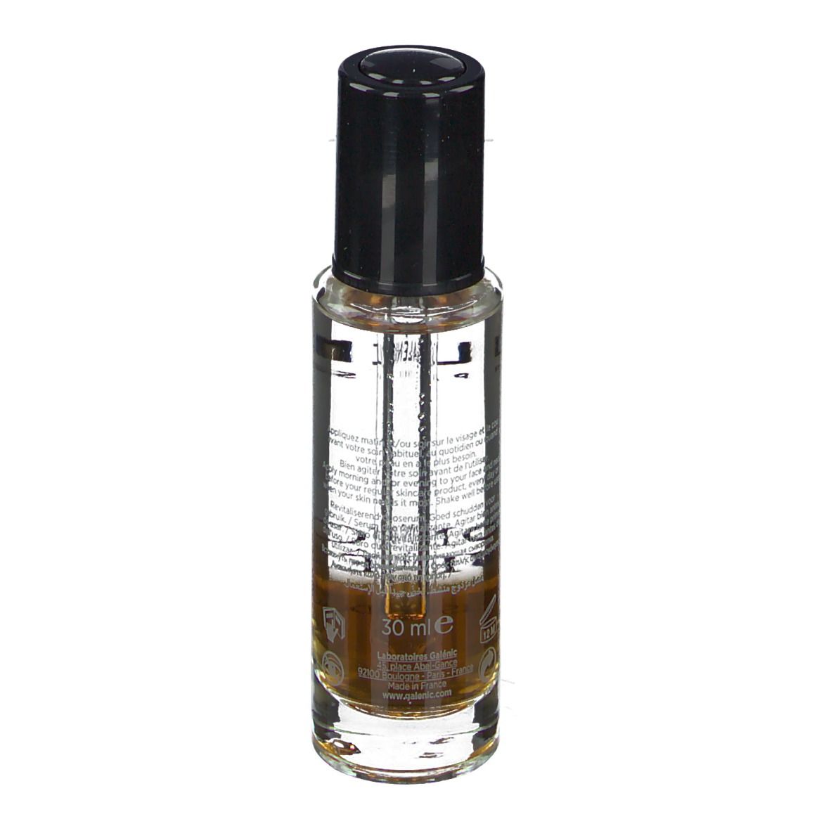 Flacon de sérum Galénic, bouchon noir. Verre transparent, liquide visible. Texte: Galénic, Confort Suprême.