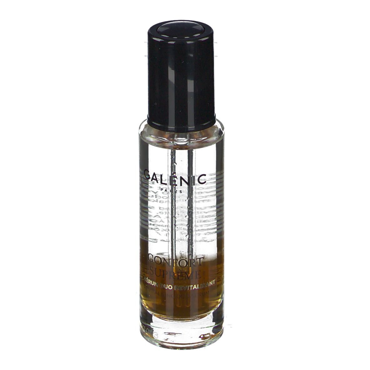 Flacon de sérum Galénic, bouchon noir. Verre transparent, liquide visible. Texte: Galénic, Confort Suprême.