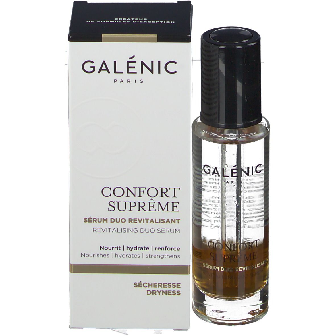 Sérum Galénic et emballage. Flacon bouchon noir, à côté boîte. Texte: Confort Suprême, Sérum Duo.