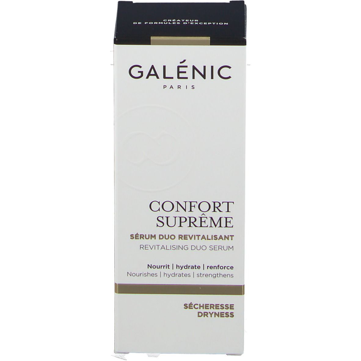 Emballage Galénic. Boîte blanche avec texte: Confort Suprême, Sérum Duo Revitalisant. Peau sèche.