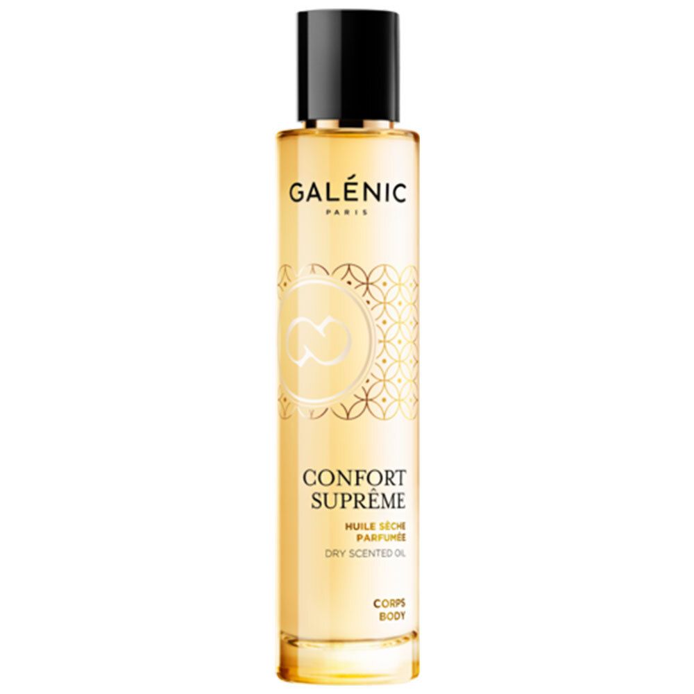Huile sèche parfumée Galénic. Flacon transparent, bouchon noir. Inscriptions et motifs dorés.