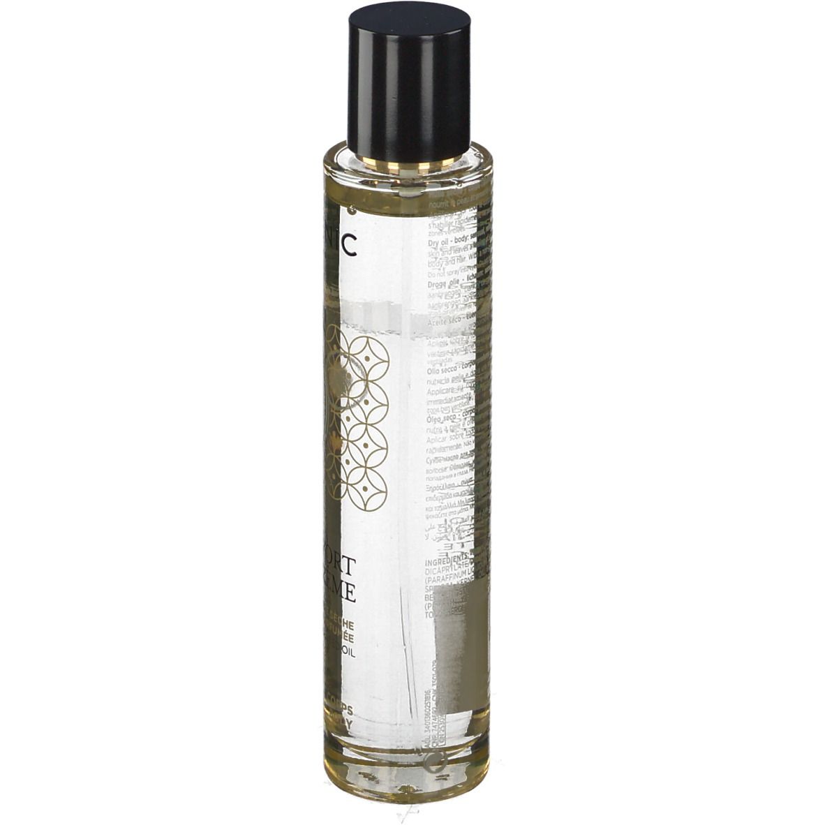 Huile sèche parfumée Galénic. Flacon transparent, bouchon noir. Inscriptions et motifs dorés.