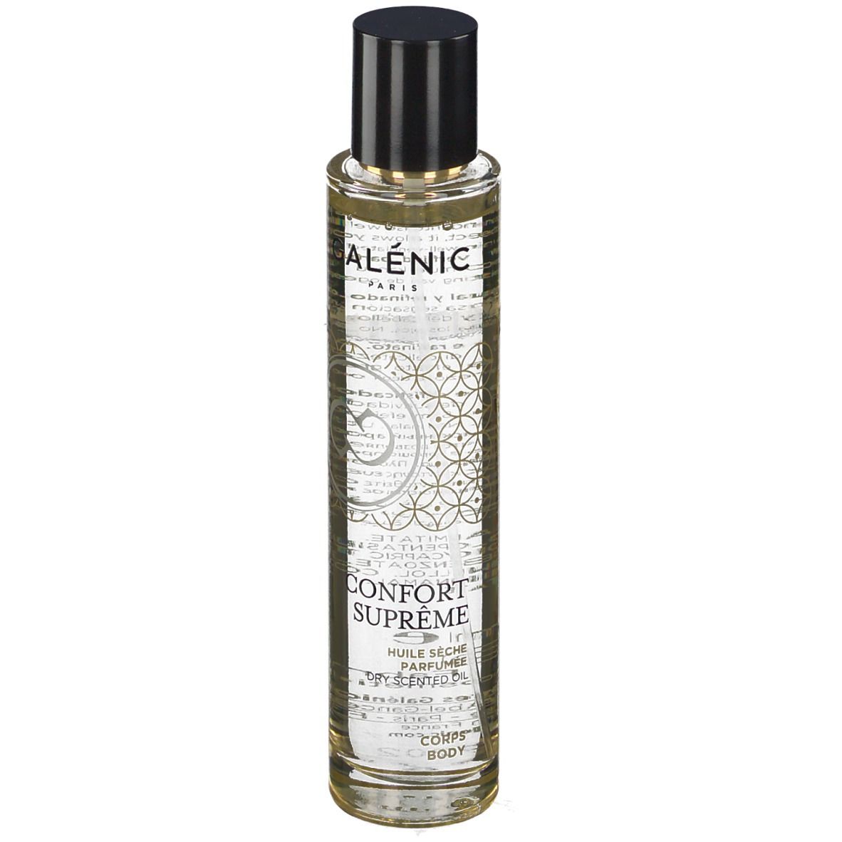 Huile sèche parfumée Galénic. Flacon transparent, bouchon noir. Inscriptions et motifs dorés.