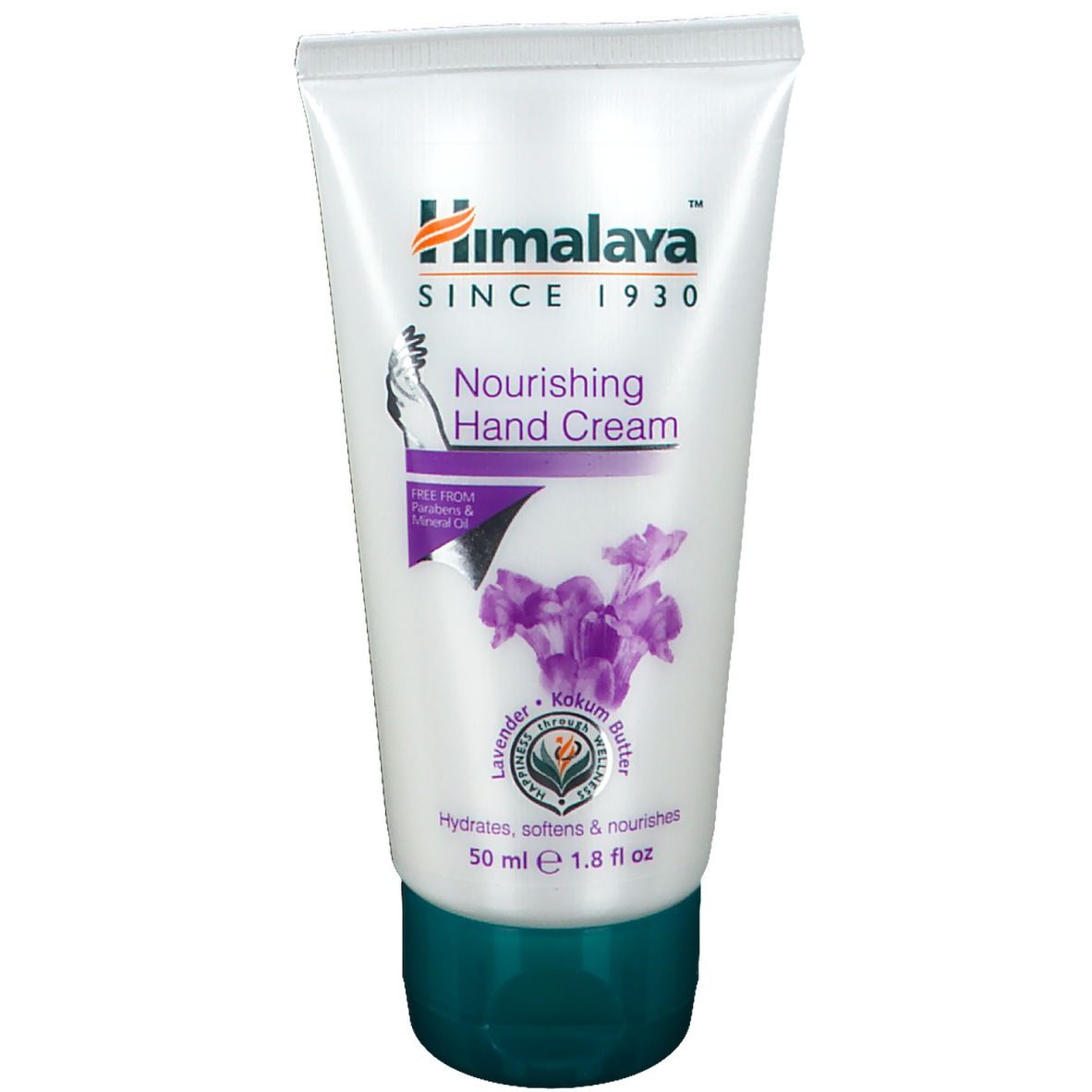 Himalaya Handcreme-Tube. Weiß, mit lila Akzenten und Logo. Enthält Kokum Butter und Lavendel. 50 ml.