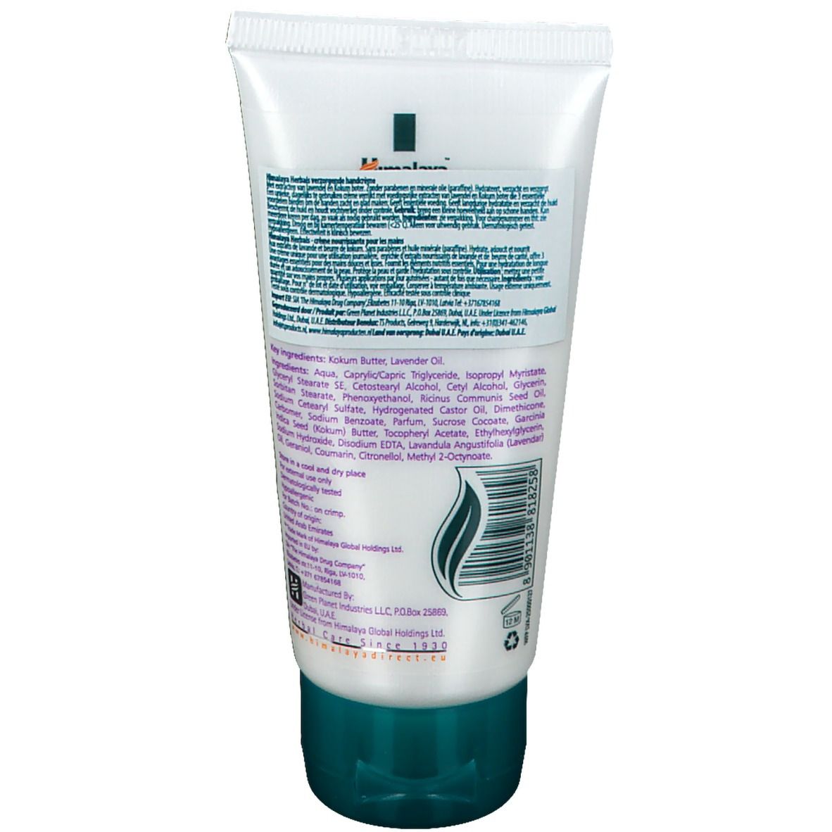 Rückseite der Himalaya Handcreme-Tube. Enthält Text und Barcode. Grüner Verschluss.