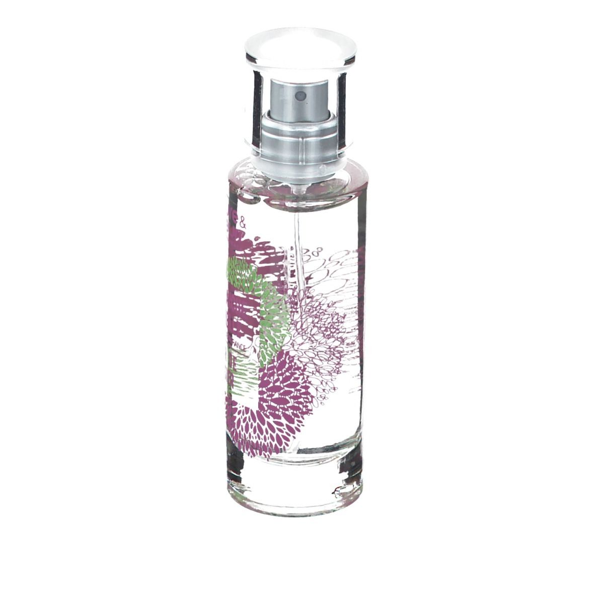 Flacon en verre transparent avec vaporisateur. Inscription: nature & senteurs, Eau Fraiche Naturelle, Fleur de Cerisier.