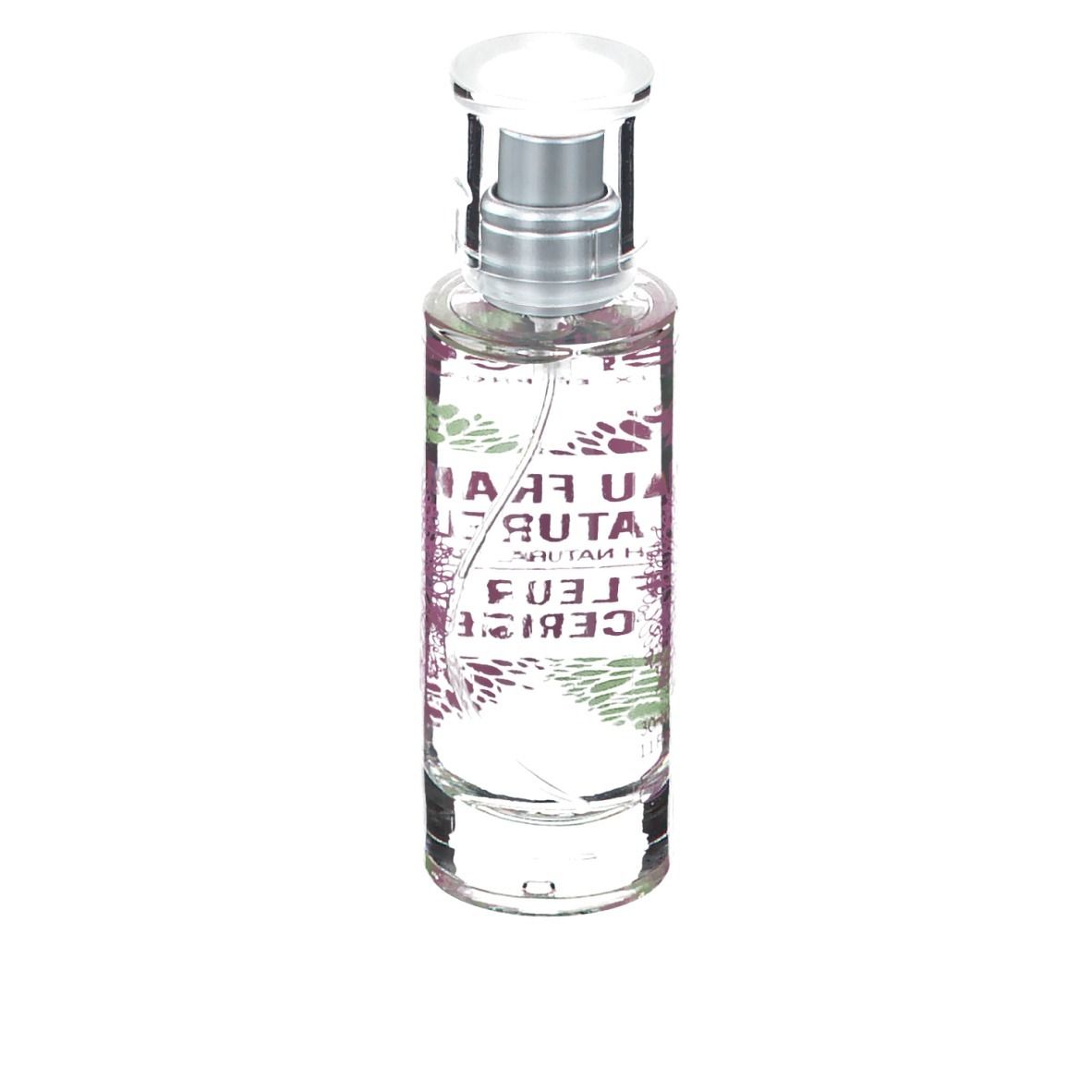 Flacon en verre transparent avec vaporisateur. Inscription: nature & senteurs, Eau Fraiche Naturelle, Fleur de Cerisier.