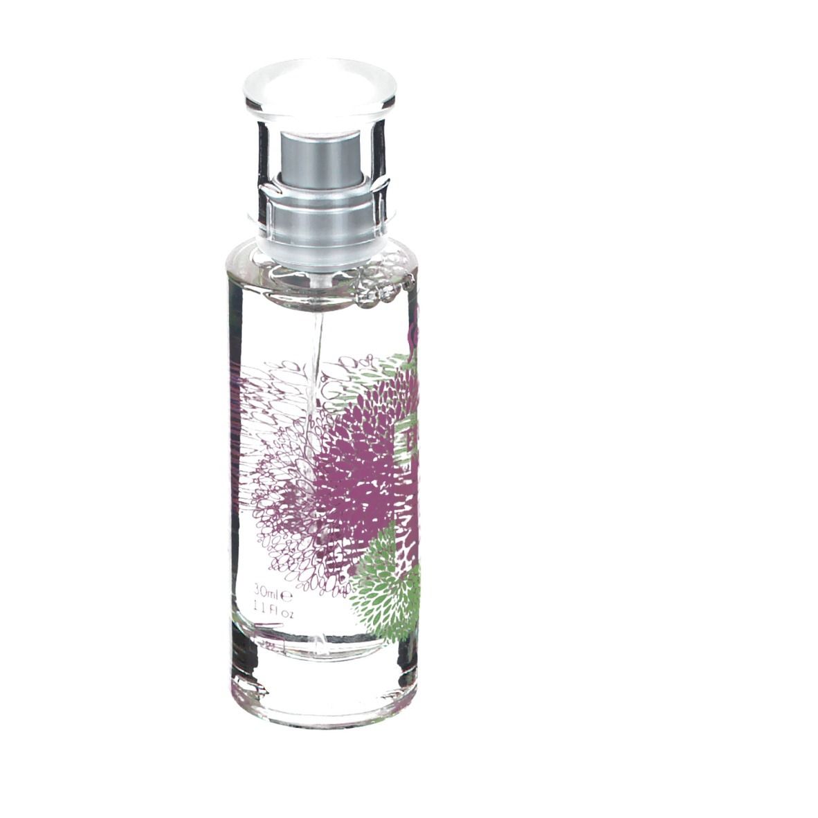 Flacon en verre transparent avec vaporisateur. Inscription: nature & senteurs, Eau Fraiche Naturelle, Fleur de Cerisier.