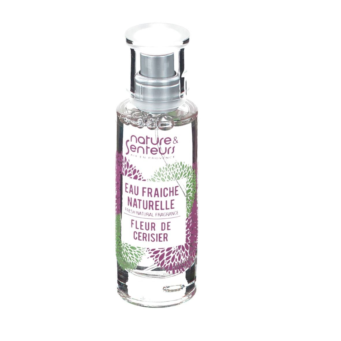 Flacon en verre transparent avec vaporisateur. Inscription: nature & senteurs, Eau Fraiche Naturelle, Fleur de Cerisier.