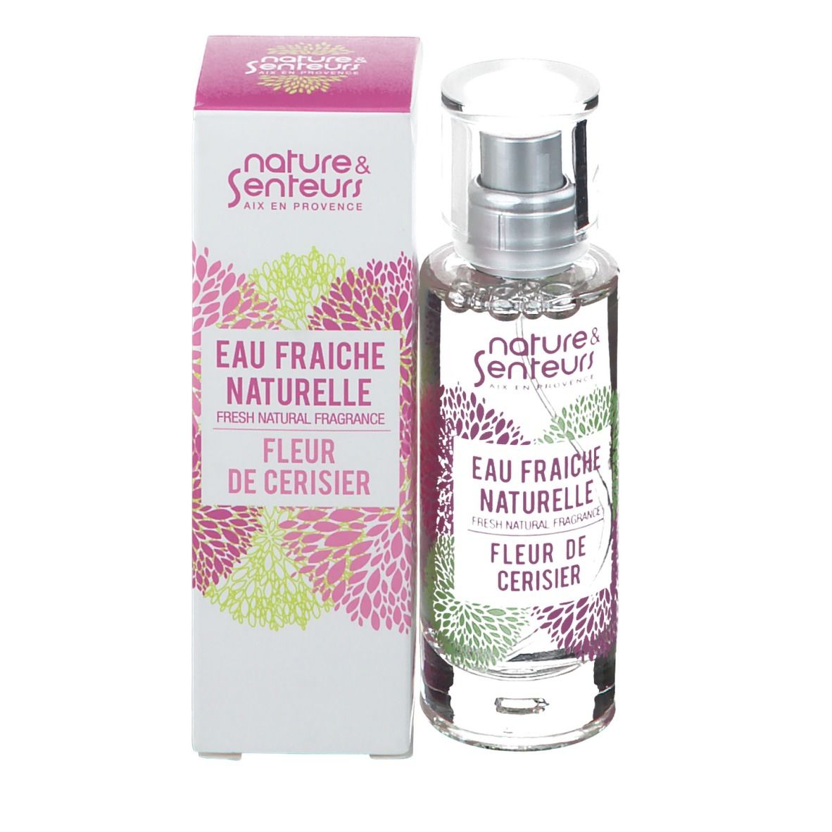 Flacon en verre avec vaporisateur et emballage carton. Inscription: nature & senteurs, Eau Fraiche Naturelle, Fleur de Cerisier.