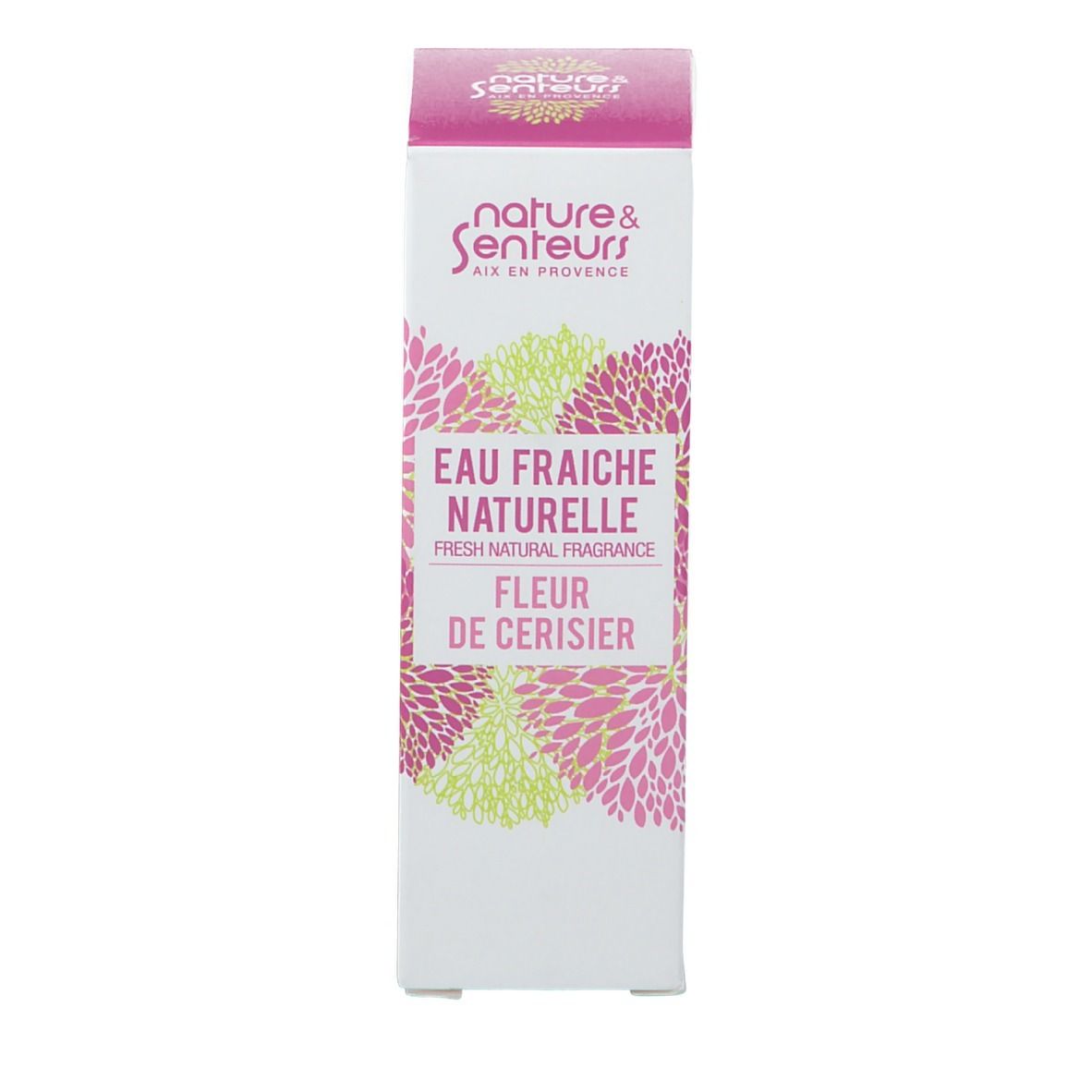 Emballage en carton. Inscription: nature & senteurs, Eau Fraiche Naturelle, Fleur de Cerisier.
