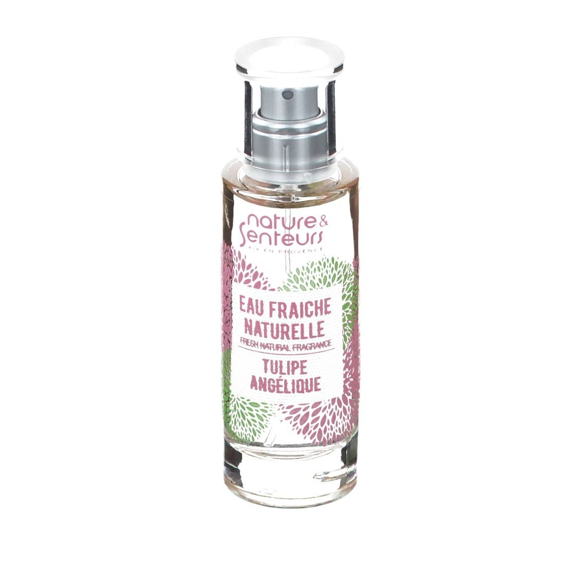 Klarer Glasflakon mit Zerstäuber. Aufschrift: Eau Fraiche Naturelle, Tulipe Angelique. Blütenmuster.