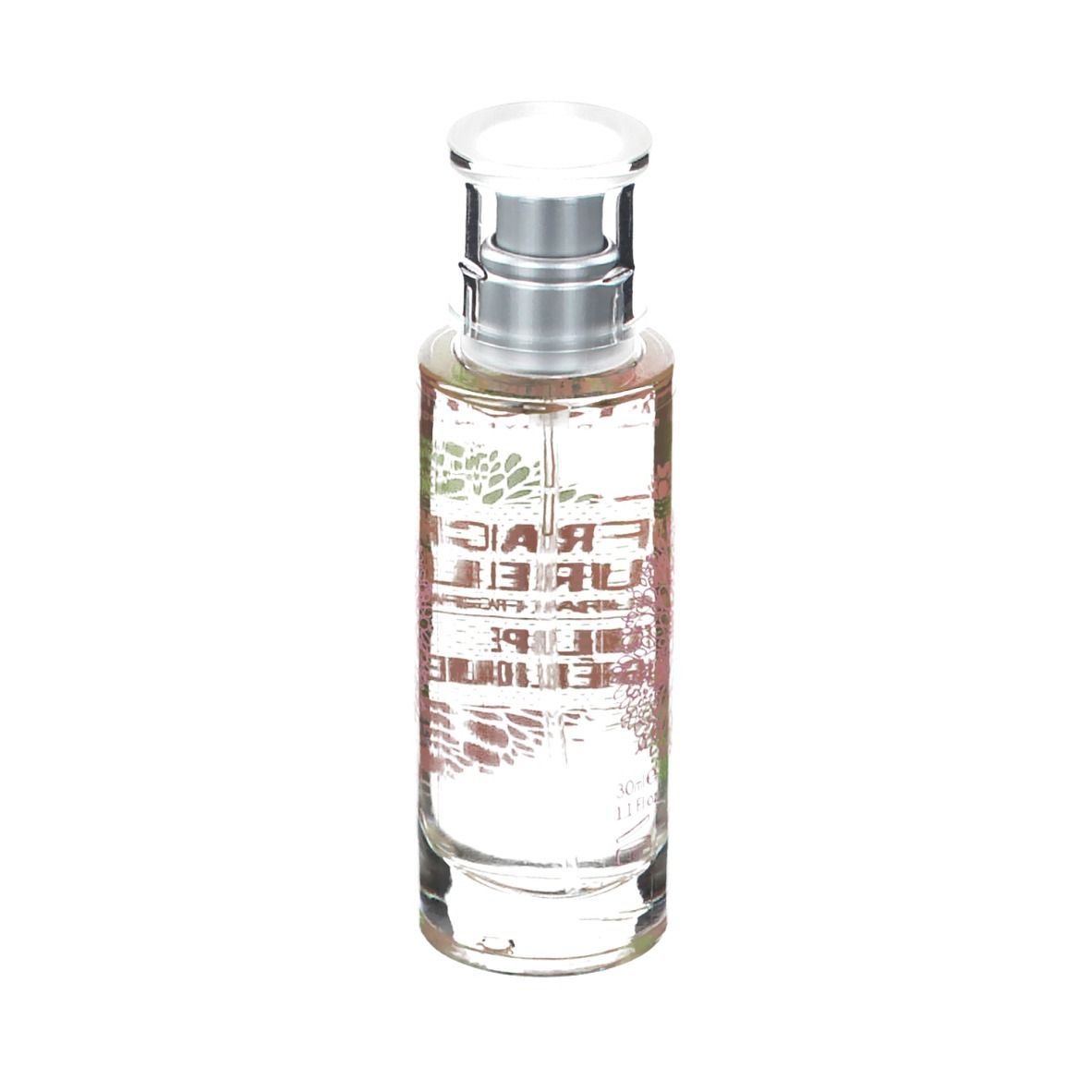 Klarer Glasflakon mit Zerstäuber. Aufschrift: Fraiche Naturelle, Tulipe Angelique. Blütenmuster.