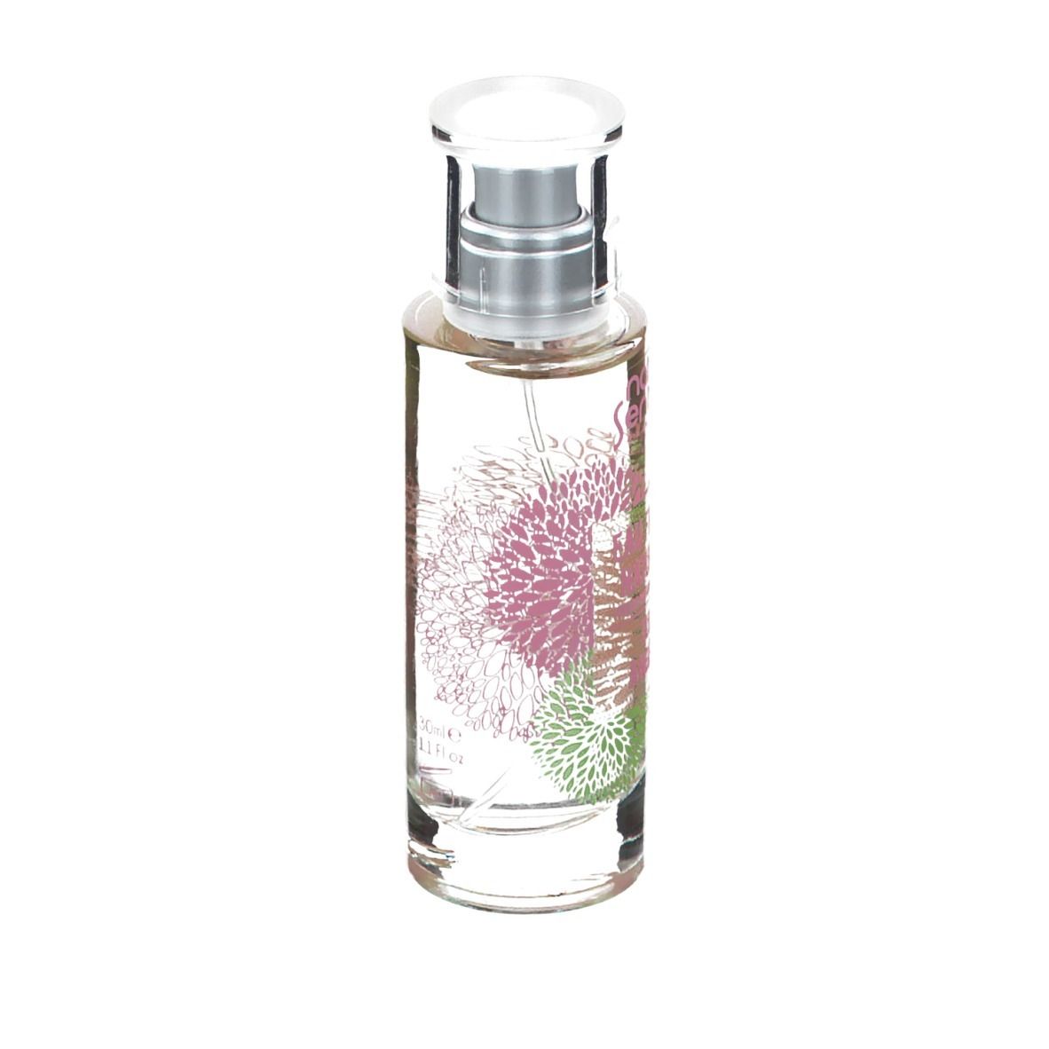 Klarer Glasflakon mit Zerstäuber. Aufschrift: Fraiche Naturelle, Tulipe Angelique. Blütenmuster.