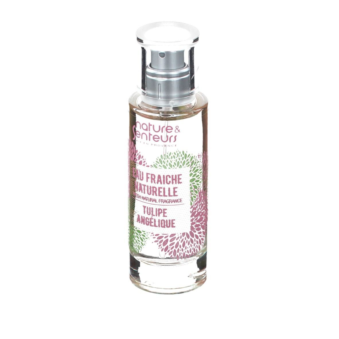 Klarer Glasflakon mit Zerstäuber. Aufschrift: Eau Fraiche Naturelle, Tulipe Angelique. Blütenmuster.