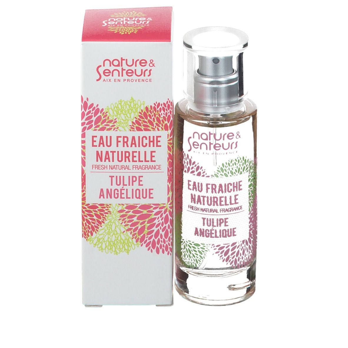 Produktflakon mit Verpackung. Flakon mit Zerstäuber. Aufschrift: Eau Fraiche Naturelle, Tulipe Angelique. Blütenmuster.