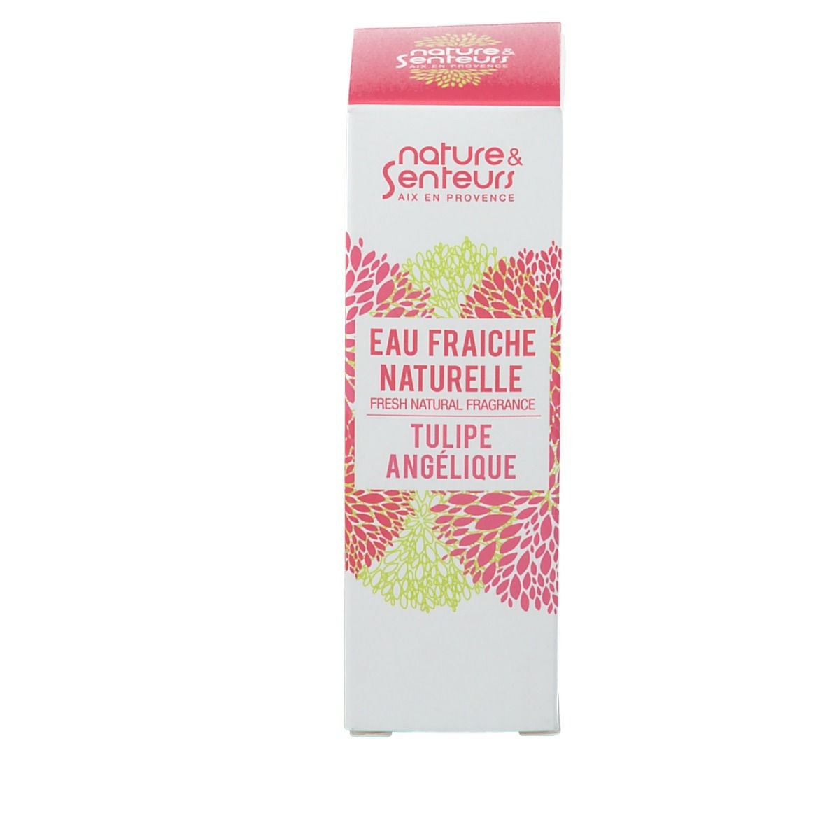 Produktverpackung. Aufschrift: Eau Fraiche Naturelle, Tulipe Angelique. Blütenmuster.