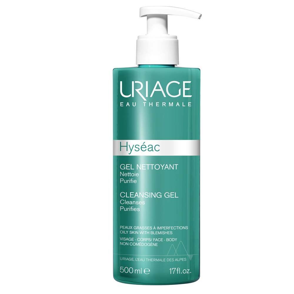 Flacon de gel nettoyant Uriage Hyséac, turquoise avec pompe blanche. Inscriptions blanches et vertes.