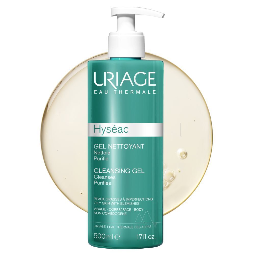Dos du flacon de gel nettoyant Uriage Hyséac. Turquoise avec informations et texte en blanc.