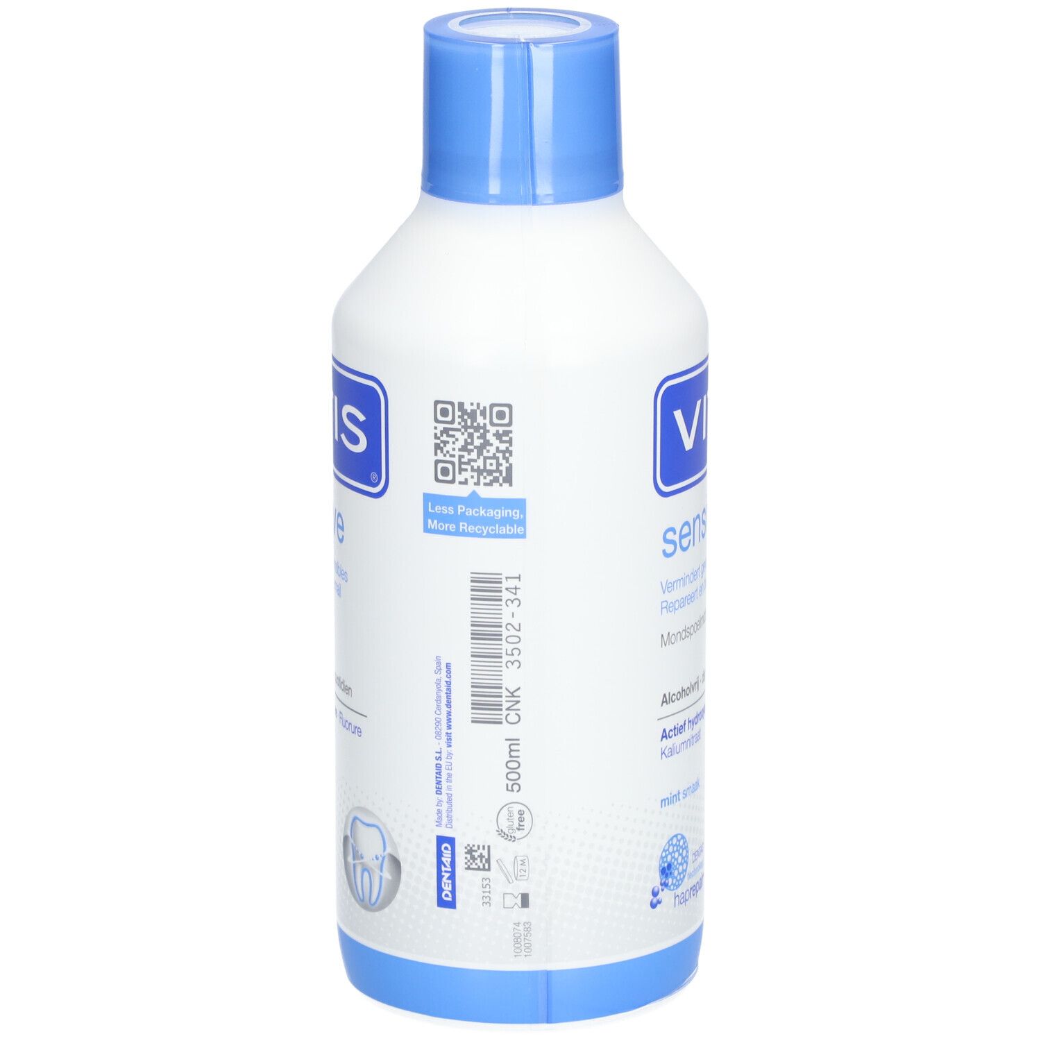 Rückseite der weißen Flasche mit blauem Deckel. QR-Code und Informationen. Aufschrift VITIS sensitive.