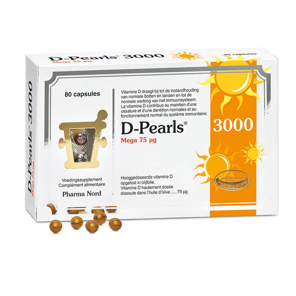 D-Pearls 3000 verpakking, 80 capsules. Capsules ernaast. Pharma Nord. Zonne-illustratie.