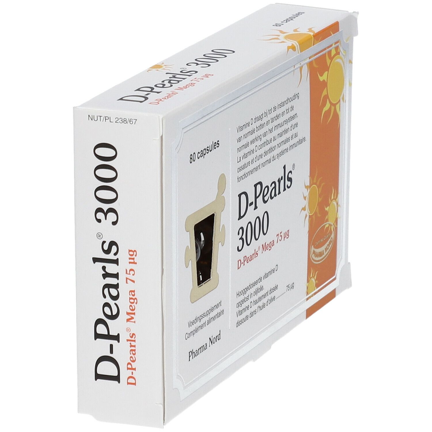 D-Pearls 3000 doos, 80 capsules. Pharma Nord. Bedrukte productinformatie.