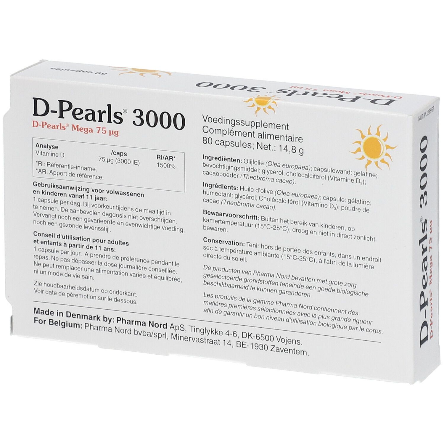 D-Pearls 3000 verpakking, 80 capsules. Productinformatie. Pharma Nord. Zonne-illustratie.