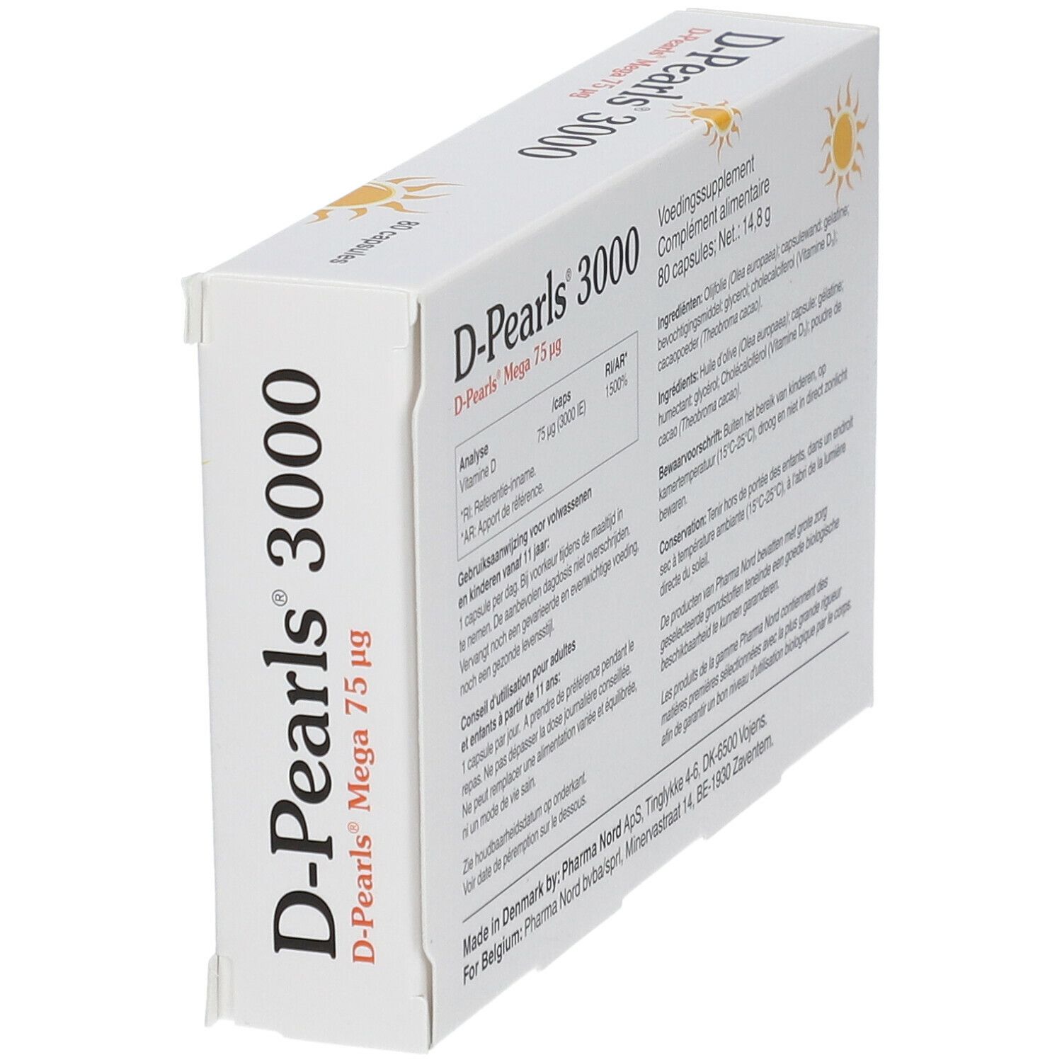 D-Pearls 3000 verpakking, 80 capsules. Productinformatie. Pharma Nord. Zonne-illustratie.