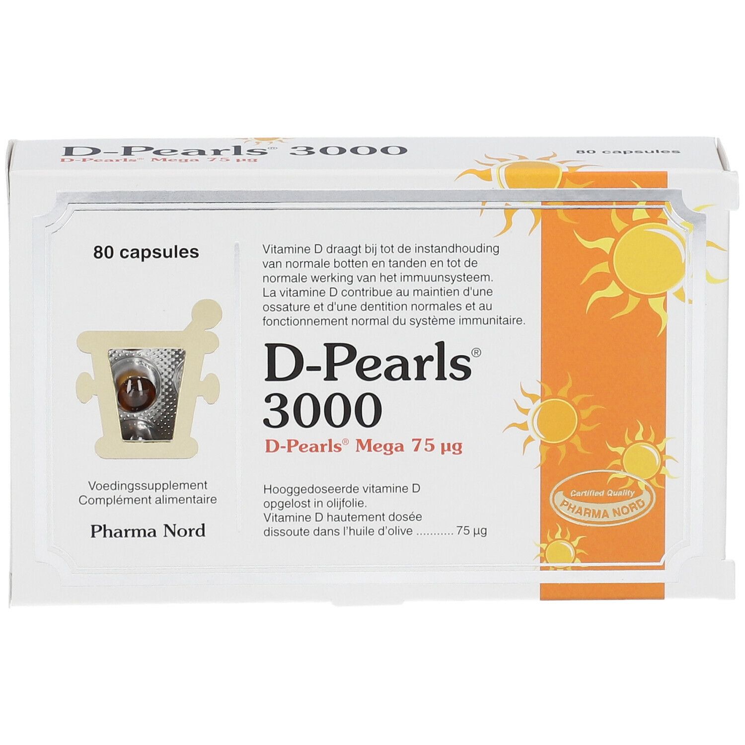 D-Pearls 3000 verpakking, 80 capsules. Pharma Nord. Gecertificeerd kwaliteitslabel. Zonne-illustratie.
