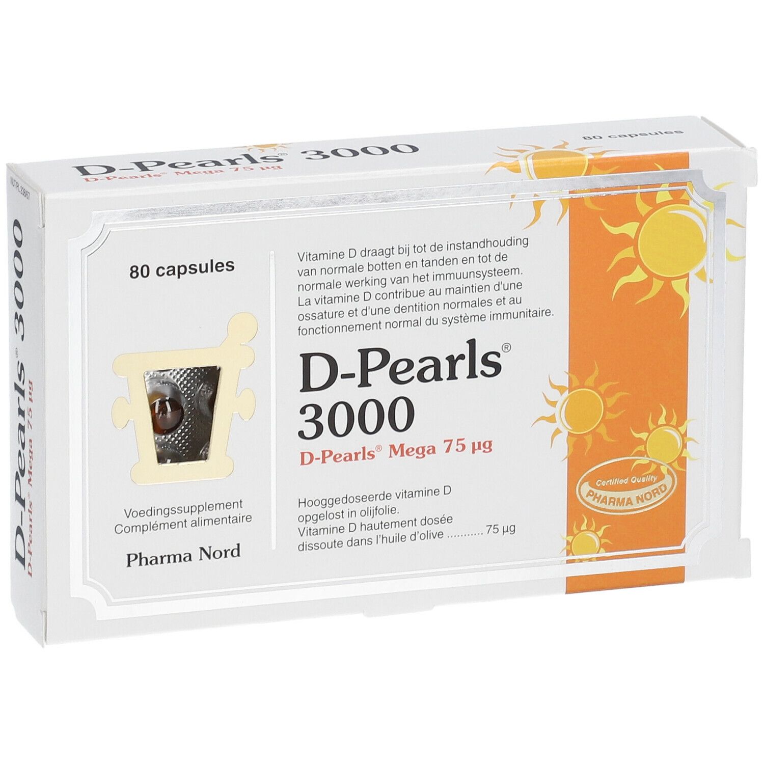 D-Pearls 3000 verpakking, 80 capsules. Pharma Nord. Gecertificeerd kwaliteitslabel. Zonne-illustratie.