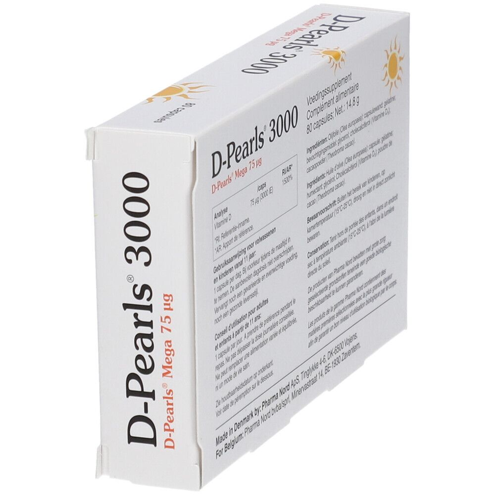 D-Pearls 3000 verpakking, 80 capsules. Productinformatie. Pharma Nord. Zonne-illustratie.