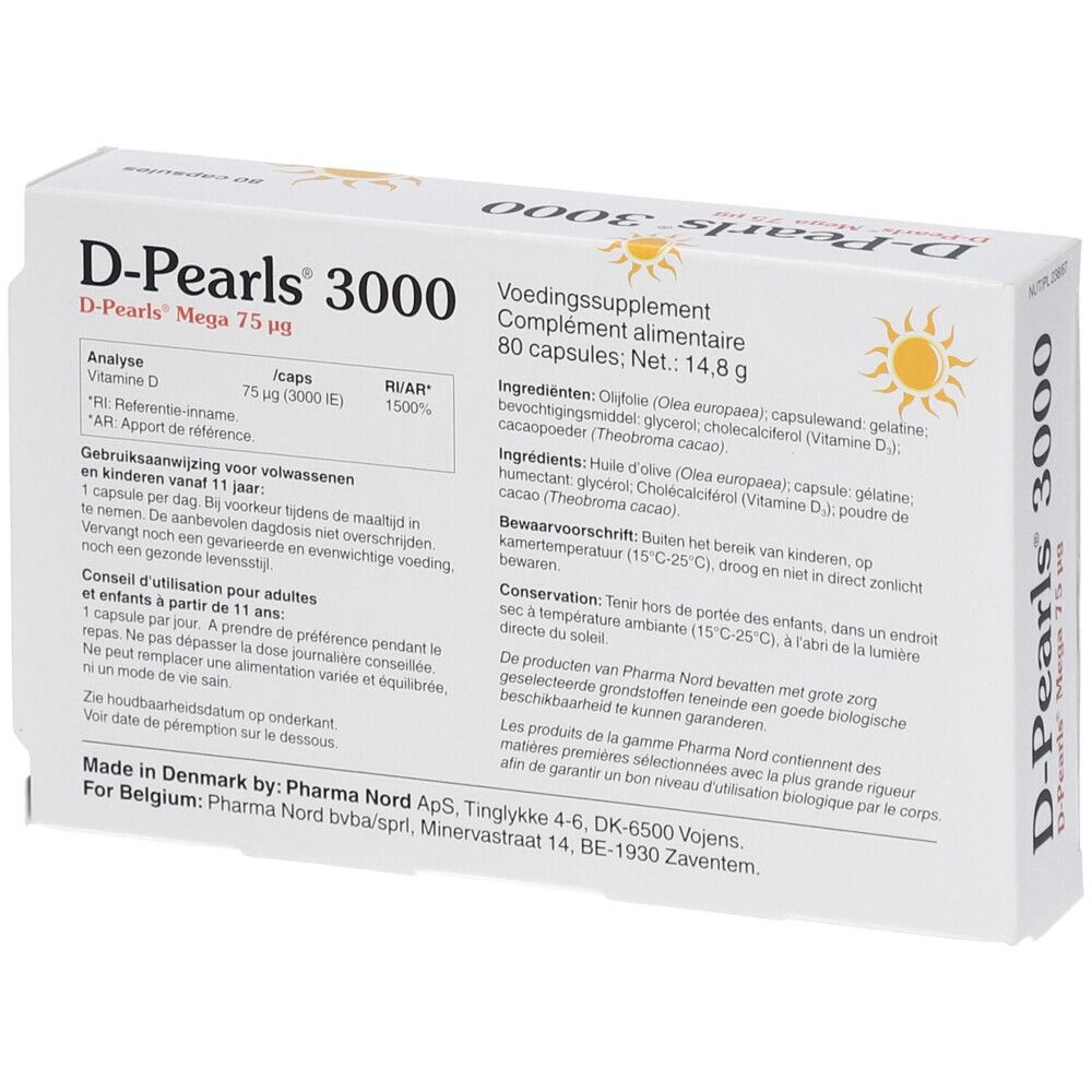 D-Pearls 3000 verpakking, 80 capsules. Productinformatie. Pharma Nord. Zonne-illustratie.