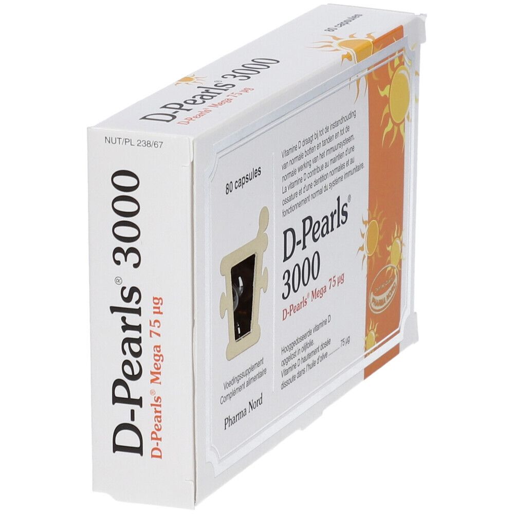 D-Pearls 3000 verpakking, 80 capsules. Productinformatie. Pharma Nord. Zonne-illustratie.